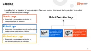 17
Logging
Logging is the process of keeping logs of various events that occur during project execution.
There are three types of logs:
Studio Logs
• Diagnostic log messages generated by
Studio regarding its behavior
Robot Logs
• Diagnostic log messages providing information
related to the Robot and its context
Orchestrator Logs
• Diagnostic log messages generated by
Orchestrator regarding its behavior
Default
Logs
User-
Defined
Logs
Robot Execution Logs
Generated by default
when the execution
of a project starts
and ends
Generated according
to the process
designed by the user
in Studio
 