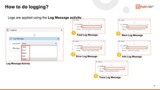 19
How to do logging?
Logs are applied using the Log Message activity.
1
Fatal Log Message
4
Info Log Message
3 Warn Log Message
2
Error Log Message
5 Trace Log Message
Log Message Activity
 