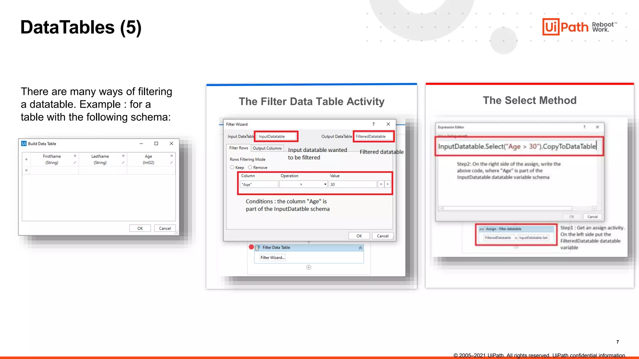 7
DataTables (5)
The Select Method
There are many ways of filtering
a datatable. Example : for a
table with the following schema:
The Filter Data Table Activity
© 2005–2021 UiPath. All rights reserved. UiPath confidential information.
 