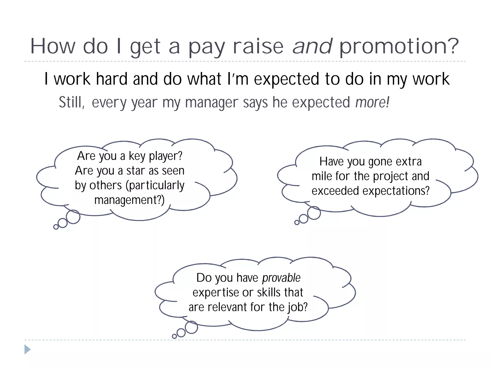 How do I get a pay raise and promotion?
 I work hard and do what I’m expected to do in my work
  Still, every year my manager says he expected more!


    Are you a key player?                                  Have you gone extra
    Are you a star as seen                                mile for the project and
    by others (particularly                               exceeded expectations?
        management?)




                                Do you have provable
                               expertise or skills that
                              are relevant for the job?
 