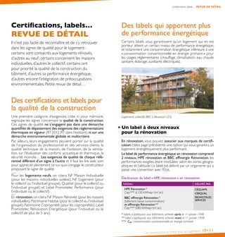 Certifications, labels… REVUE DE DÉTAIL
Les certifications et labels pour les logements 10• 11
Des labels qui apportent plus
de performance énergétique
Certains labels vous garantissent qu’un logement qui en est
porteur atteint un certain niveau de performance énergétique,
et notamment une consommation énergétique inférieure à une
«consommation conventionnelle en énergie primaire » pour
les usages réglementaires (chauffage, climatisation, eau chaude
sanitaire, éclairage, auxiliaires électriques).
Logements collectifs BBC à Besançon (25).
Un label à deux niveaux
pour la rénovation
En rénovation, vous pouvez associer aux marques de certifi-
cation citées page précédente une option qui vous garantira un
logement énergétiquement plus performant.
Le label de performance énergétique en rénovation comprend
2 niveaux, HPE rénovation et BBC effinergie Rénovation, les
performances exigées étant modulées selon les zones géogra-
phiques et l’altitude. Le label est délivré par un organisme qui a
passé une convention avec l’État.
Déclinaison du label «HPE rénovation» en rénovation
NIVEAU DÉLIVRÉ PAR…
HPE Rénovation*
Cep*** ≤150 kWhep/(m2
.an)
CÉQUAMI
CERQUAL
PROMOTELEC
SERVICES
BBC effinergie Rénovation*
(bâtiment basse consommation)
et effinergie Rénovation**
Cep*** ≤80 kWhep/(m2
.an)
* labels s’appliquant aux bâtiments achevés après le 1er janvier 1948
** label s’appliquant aux bâtiments achevés avant le 1er janvier 1948
*** Cep : consommation conventionnelle en énergie primaire
Certifications, labels…
REVUE DE DÉTAIL
Il n’est pas facile de reconnaître et de s’y retrouver
dans les signes de qualité pour le logement:
certains sont consacrés aux logements rénovés,
d’autres au neuf; certains concernent les maisons
individuelles, d’autres le collectif; certains ont
pour priorité la qualité de la construction du
bâtiment, d’autres sa performance énergétique,
d’autres encore l’intégration de préoccupations
environnementales. Petite revue de détail…
Des certifications et labels pour
la qualité de la construction
Une première catégorie d’exigences, citée ici pour mémoire,
regroupe les signes concernant la qualité de la construction.
Ces signes de qualité ne s’engagent pas dans une démarche
quantifiée de dépassement des exigences des réglementations
thermiques en vigueur (RT2012, RT dans l’existant), ni sur une
démarche environnementale globale et multicritère.
Par ailleurs, leurs engagements peuvent porter sur la qualité
de l’organisation du professionnel et des services clients, la
qualité technique de la maison, de l’isolation, de la ventila-
tion, sur l’évaluation des conforts acoustique et thermique, la
sécurité incendie… Les exigences de qualité de chaque réfé-
rentiel diffèrent d’un signe à l’autre et il faut les lire avec soin
pour apprécier pleinement ce sur quoi s’engage le constructeur
proposant le signe de qualité.
Pour les logements neufs, on citera NF Maison Individuelle
(pour les maisons individuelles isolées), NF Logement (pour
le collectif ou l’individuel groupé), Qualitel (pour le collectif ou
l’individuel groupé) et Label Promotelec Performance (pour
l’individuel ou le collectif).
En rénovation, on citera NF Maison Rénovée (pour les maisons
individuelles),Patrimoine Habitat (pour le collectif ou l’individuel
groupé), Patrimoine Copropriété (pour les copropriétés), Label
Promotelec Rénovation Énergétique (pour l’individuel ou le
collectif de plus de 5 ans).
 
