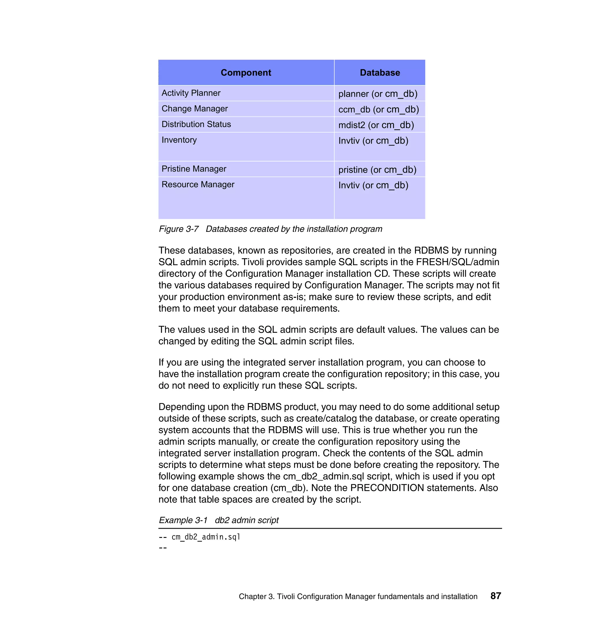 Component                            Database

Activity Planner                                  planner (or cm_db)
Change Manager                                    ccm_db (or cm_db)
Distribution Status                               mdist2 (or cm_db)
Inventory                                         Invtiv (or cm_db)


Pristine Manager                                  pristine (or cm_db)
Resource Manager                                  Invtiv (or cm_db)



Figure 3-7 Databases created by the installation program

These databases, known as repositories, are created in the RDBMS by running
SQL admin scripts. Tivoli provides sample SQL scripts in the FRESH/SQL/admin
directory of the Configuration Manager installation CD. These scripts will create
the various databases required by Configuration Manager. The scripts may not fit
your production environment as-is; make sure to review these scripts, and edit
them to meet your database requirements.

The values used in the SQL admin scripts are default values. The values can be
changed by editing the SQL admin script files.

If you are using the integrated server installation program, you can choose to
have the installation program create the configuration repository; in this case, you
do not need to explicitly run these SQL scripts.

Depending upon the RDBMS product, you may need to do some additional setup
outside of these scripts, such as create/catalog the database, or create operating
system accounts that the RDBMS will use. This is true whether you run the
admin scripts manually, or create the configuration repository using the
integrated server installation program. Check the contents of the SQL admin
scripts to determine what steps must be done before creating the repository. The
following example shows the cm_db2_admin.sql script, which is used if you opt
for one database creation (cm_db). Note the PRECONDITION statements. Also
note that table spaces are created by the script.

Example 3-1 db2 admin script
-- cm_db2_admin.sql
--




                      Chapter 3. Tivoli Configuration Manager fundamentals and installation   87
 
