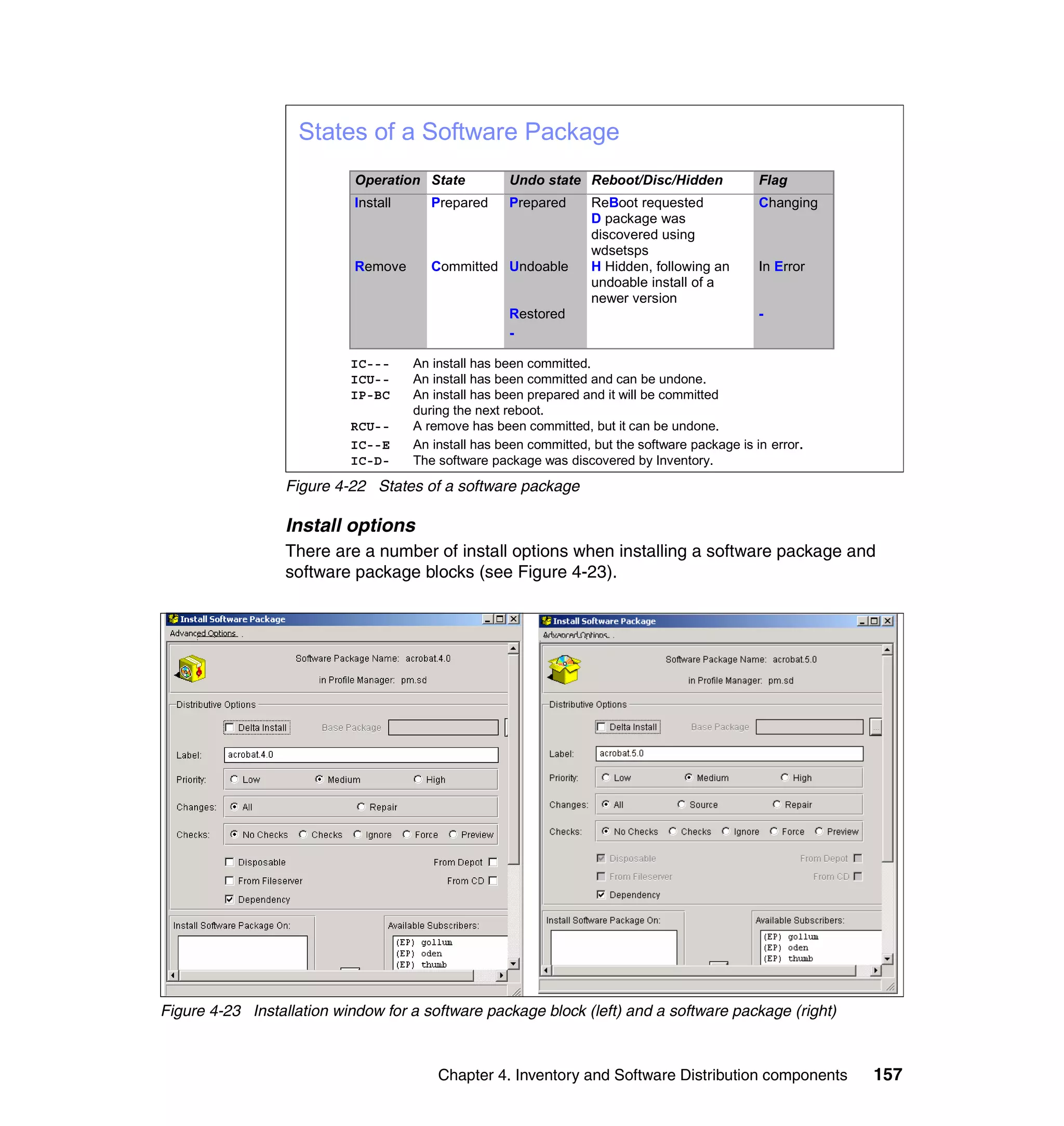 States of a Software Package
                            Operation State           Undo state Reboot/Disc/Hidden               Flag
                            Install      Prepared     Prepared       ReBoot requested             Changing
                                                                     D package was
                                                                     discovered using
                                                                     wdsetsps
                            Remove       Committed Undoable          H Hidden, following an       In Error
                                                                     undoable install of a
                                                                     newer version
                                                      Restored                                    -
                                                      -

                           IC---      An install has been committed.
                           ICU--      An install has been committed and can be undone.
                           IP-BC      An install has been prepared and it will be committed
                                      during the next reboot.
                           RCU--      A remove has been committed, but it can be undone.
                           IC--E      An install has been committed, but the software package is in error.
                           IC-D-      The software package was discovered by Inventory.

                  Figure 4-22 States of a software package

                  Install options
                  There are a number of install options when installing a software package and
                  software package blocks (see Figure 4-23).




Figure 4-23 Installation window for a software package block (left) and a software package (right)



                                          Chapter 4. Inventory and Software Distribution components          157
 