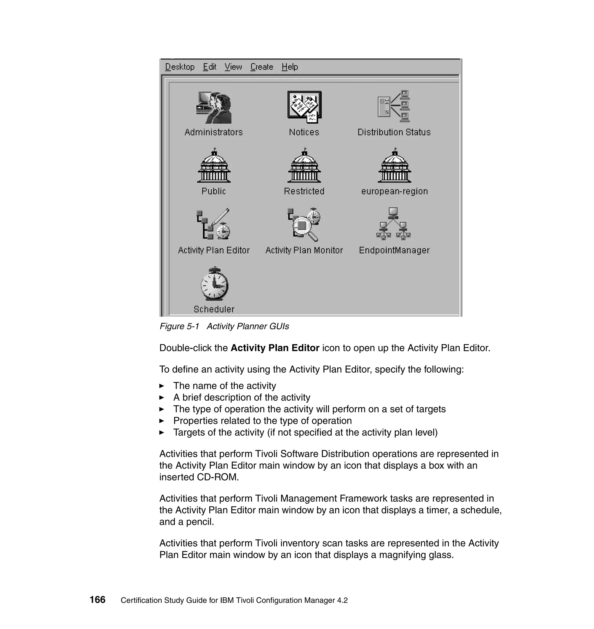 Figure 5-1 Activity Planner GUIs

                 Double-click the Activity Plan Editor icon to open up the Activity Plan Editor.

                 To define an activity using the Activity Plan Editor, specify the following:
                     The name of the activity
                     A brief description of the activity
                     The type of operation the activity will perform on a set of targets
                     Properties related to the type of operation
                     Targets of the activity (if not specified at the activity plan level)

                 Activities that perform Tivoli Software Distribution operations are represented in
                 the Activity Plan Editor main window by an icon that displays a box with an
                 inserted CD-ROM.

                 Activities that perform Tivoli Management Framework tasks are represented in
                 the Activity Plan Editor main window by an icon that displays a timer, a schedule,
                 and a pencil.

                 Activities that perform Tivoli inventory scan tasks are represented in the Activity
                 Plan Editor main window by an icon that displays a magnifying glass.



166   Certification Study Guide for IBM Tivoli Configuration Manager 4.2
 