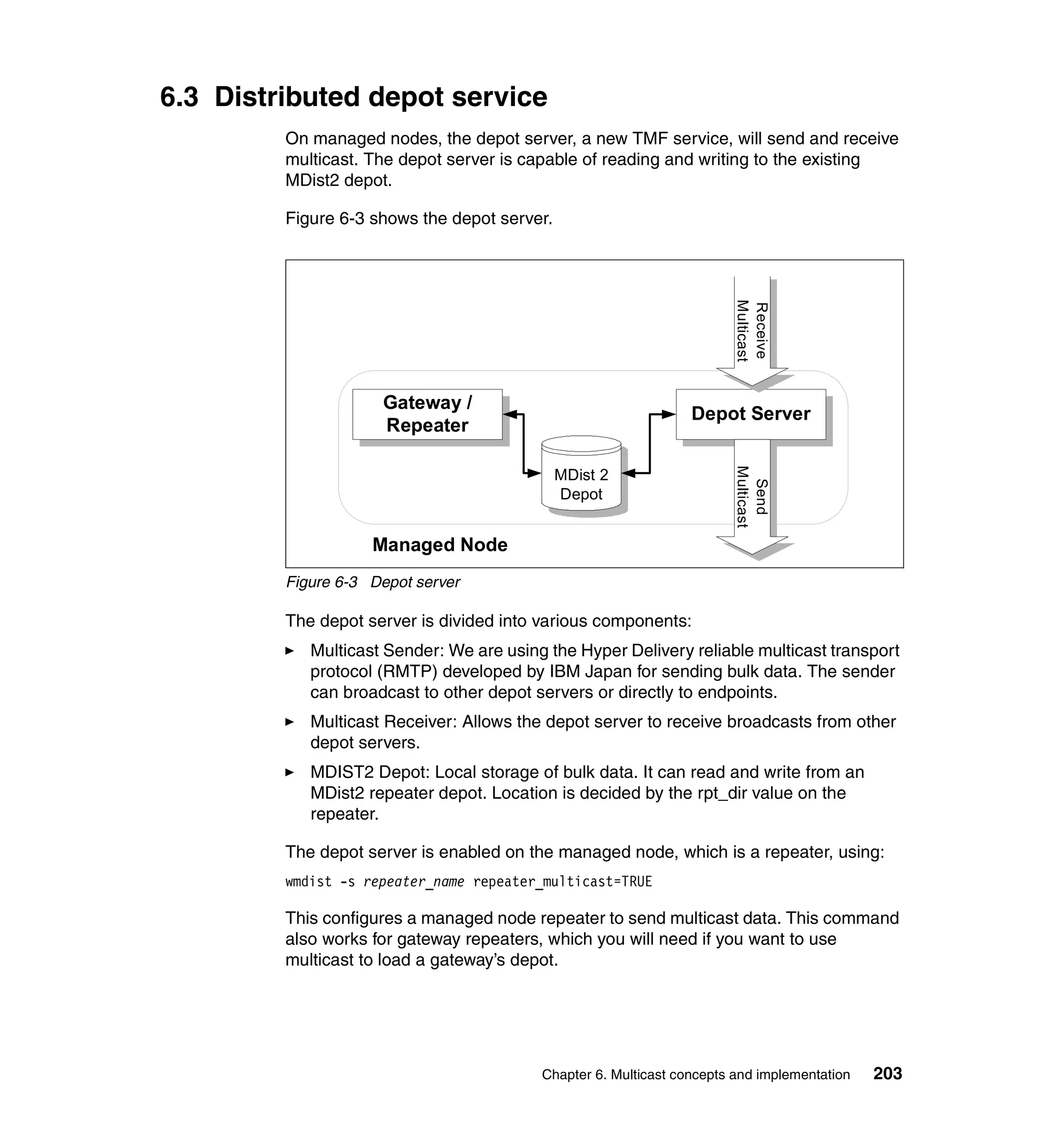 6.3 Distributed depot service
         On managed nodes, the depot server, a new TMF service, will send and receive
         multicast. The depot server is capable of reading and writing to the existing
         MDist2 depot.

         Figure 6-3 shows the depot server.




                                                                       Multicast
                                                                       Receive
                     Gateway /
                                                                 Depot Server
                     Repeater




                                                                       Multicast
                                              MDist 2




                                                                        Send
                                              Depot


                    Managed Node
         Figure 6-3 Depot server

         The depot server is divided into various components:
            Multicast Sender: We are using the Hyper Delivery reliable multicast transport
            protocol (RMTP) developed by IBM Japan for sending bulk data. The sender
            can broadcast to other depot servers or directly to endpoints.
            Multicast Receiver: Allows the depot server to receive broadcasts from other
            depot servers.
            MDIST2 Depot: Local storage of bulk data. It can read and write from an
            MDist2 repeater depot. Location is decided by the rpt_dir value on the
            repeater.

         The depot server is enabled on the managed node, which is a repeater, using:
         wmdist -s repeater_name repeater_multicast=TRUE

         This configures a managed node repeater to send multicast data. This command
         also works for gateway repeaters, which you will need if you want to use
         multicast to load a gateway’s depot.




                                          Chapter 6. Multicast concepts and implementation   203
 