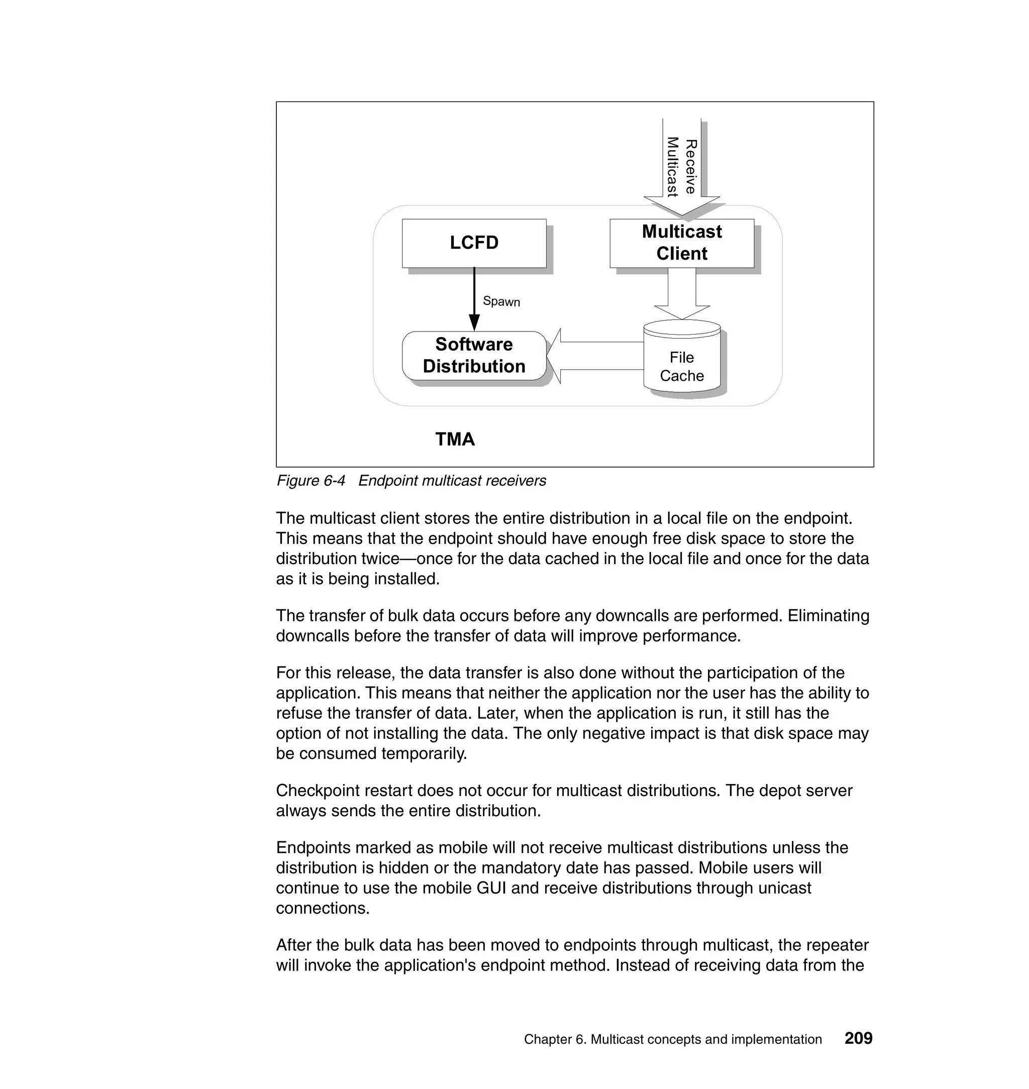 Multicast
                                                           Receive
                                                       Multicast
                         LCFD
                                                        Client

                             Spawn


                      Software
                                                           File
                     Distribution                         Cache



                       TMA

Figure 6-4 Endpoint multicast receivers

The multicast client stores the entire distribution in a local file on the endpoint.
This means that the endpoint should have enough free disk space to store the
distribution twice—once for the data cached in the local file and once for the data
as it is being installed.

The transfer of bulk data occurs before any downcalls are performed. Eliminating
downcalls before the transfer of data will improve performance.

For this release, the data transfer is also done without the participation of the
application. This means that neither the application nor the user has the ability to
refuse the transfer of data. Later, when the application is run, it still has the
option of not installing the data. The only negative impact is that disk space may
be consumed temporarily.

Checkpoint restart does not occur for multicast distributions. The depot server
always sends the entire distribution.

Endpoints marked as mobile will not receive multicast distributions unless the
distribution is hidden or the mandatory date has passed. Mobile users will
continue to use the mobile GUI and receive distributions through unicast
connections.

After the bulk data has been moved to endpoints through multicast, the repeater
will invoke the application's endpoint method. Instead of receiving data from the



                                     Chapter 6. Multicast concepts and implementation   209
 