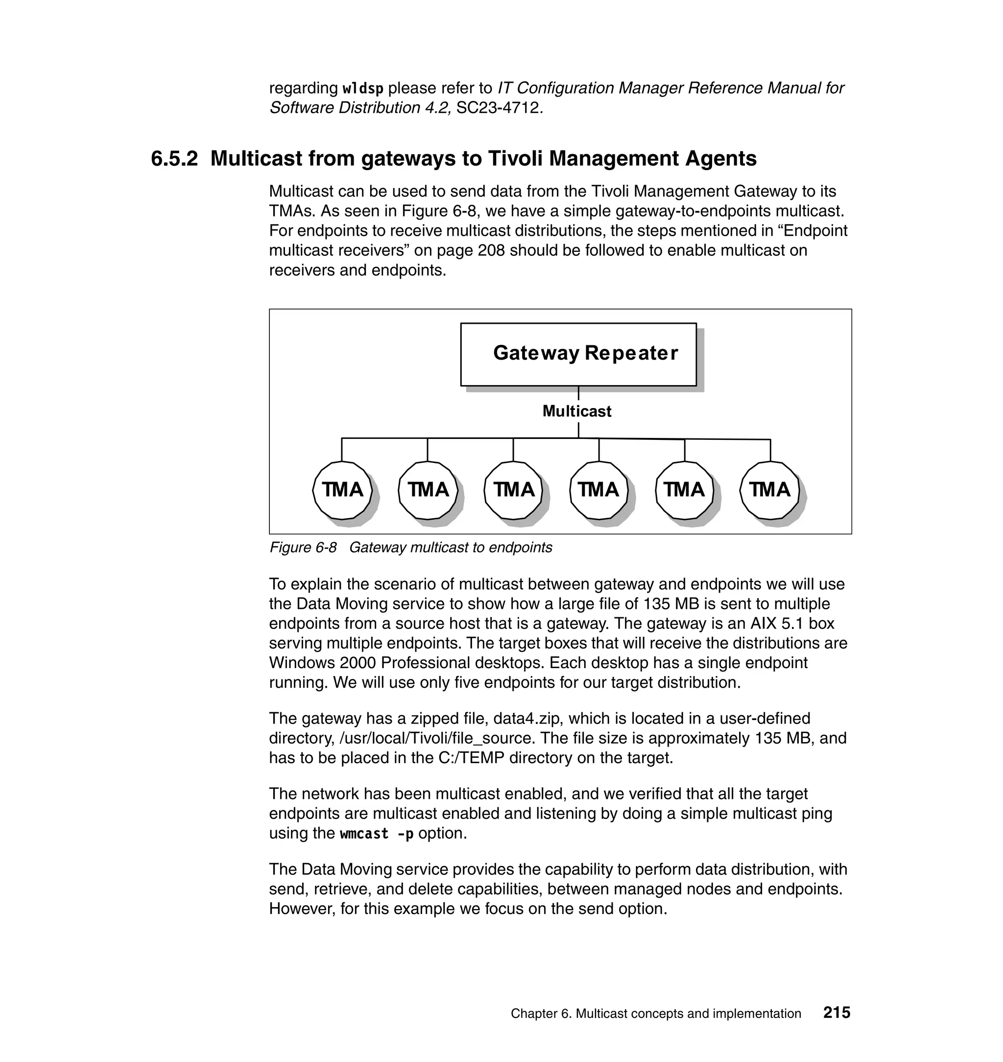 regarding wldsp please refer to IT Configuration Manager Reference Manual for
           Software Distribution 4.2, SC23-4712.


6.5.2 Multicast from gateways to Tivoli Management Agents
           Multicast can be used to send data from the Tivoli Management Gateway to its
           TMAs. As seen in Figure 6-8, we have a simple gateway-to-endpoints multicast.
           For endpoints to receive multicast distributions, the steps mentioned in “Endpoint
           multicast receivers” on page 208 should be followed to enable multicast on
           receivers and endpoints.




                                           Gateway Repeater

                                                   Multicast




                  TMA          TMA         TMA          TMA            TMA           TMA

           Figure 6-8 Gateway multicast to endpoints

           To explain the scenario of multicast between gateway and endpoints we will use
           the Data Moving service to show how a large file of 135 MB is sent to multiple
           endpoints from a source host that is a gateway. The gateway is an AIX 5.1 box
           serving multiple endpoints. The target boxes that will receive the distributions are
           Windows 2000 Professional desktops. Each desktop has a single endpoint
           running. We will use only five endpoints for our target distribution.

           The gateway has a zipped file, data4.zip, which is located in a user-defined
           directory, /usr/local/Tivoli/file_source. The file size is approximately 135 MB, and
           has to be placed in the C:/TEMP directory on the target.

           The network has been multicast enabled, and we verified that all the target
           endpoints are multicast enabled and listening by doing a simple multicast ping
           using the wmcast -p option.

           The Data Moving service provides the capability to perform data distribution, with
           send, retrieve, and delete capabilities, between managed nodes and endpoints.
           However, for this example we focus on the send option.




                                              Chapter 6. Multicast concepts and implementation   215
 