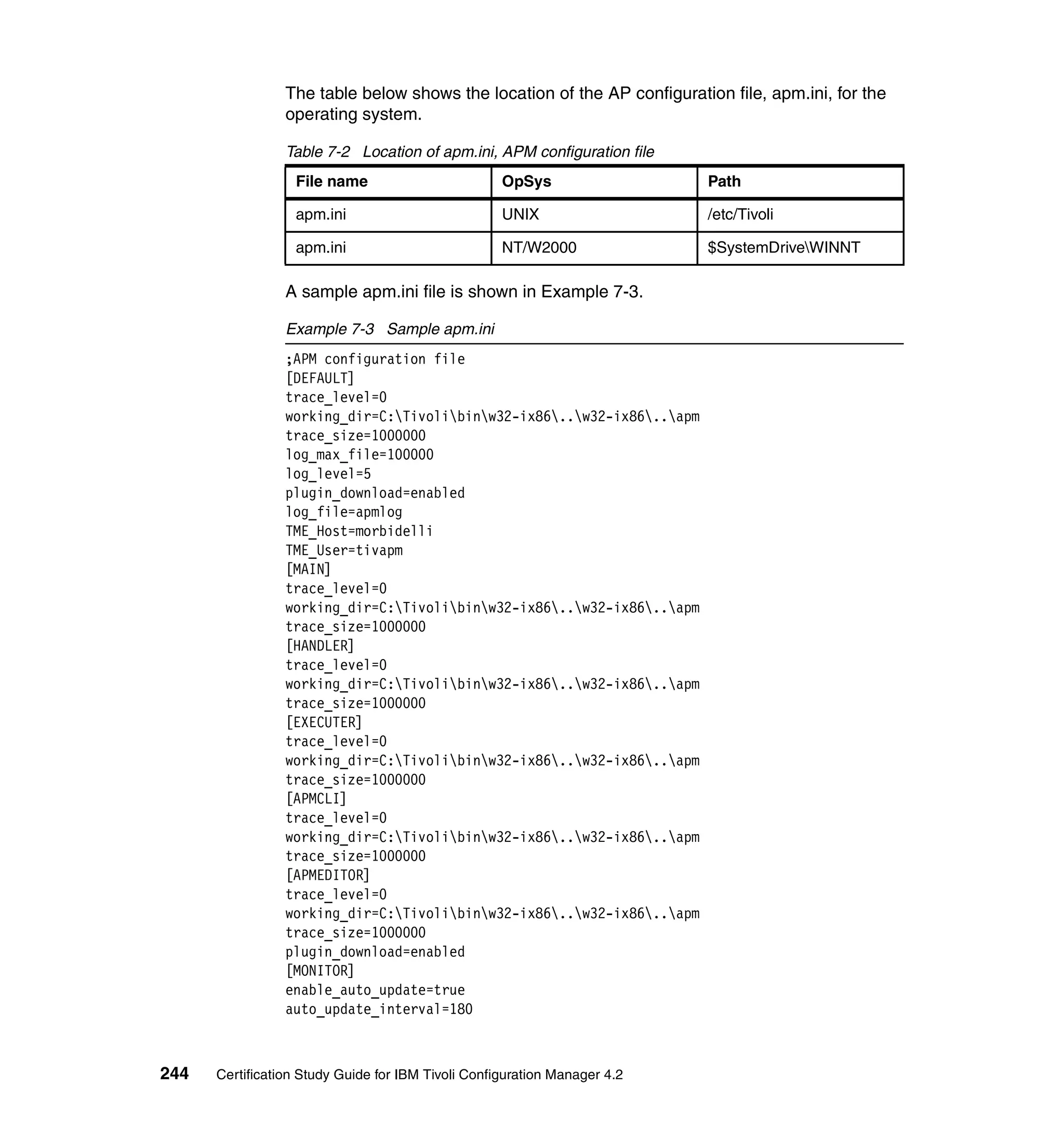 The table below shows the location of the AP configuration file, apm.ini, for the
                 operating system.

                 Table 7-2 Location of apm.ini, APM configuration file
                  File name                         OpSys                  Path

                  apm.ini                           UNIX                   /etc/Tivoli

                  apm.ini                           NT/W2000               $SystemDriveWINNT

                 A sample apm.ini file is shown in Example 7-3.

                 Example 7-3 Sample apm.ini
                 ;APM configuration file
                 [DEFAULT]
                 trace_level=0
                 working_dir=C:Tivolibinw32-ix86..w32-ix86..apm
                 trace_size=1000000
                 log_max_file=100000
                 log_level=5
                 plugin_download=enabled
                 log_file=apmlog
                 TME_Host=morbidelli
                 TME_User=tivapm
                 [MAIN]
                 trace_level=0
                 working_dir=C:Tivolibinw32-ix86..w32-ix86..apm
                 trace_size=1000000
                 [HANDLER]
                 trace_level=0
                 working_dir=C:Tivolibinw32-ix86..w32-ix86..apm
                 trace_size=1000000
                 [EXECUTER]
                 trace_level=0
                 working_dir=C:Tivolibinw32-ix86..w32-ix86..apm
                 trace_size=1000000
                 [APMCLI]
                 trace_level=0
                 working_dir=C:Tivolibinw32-ix86..w32-ix86..apm
                 trace_size=1000000
                 [APMEDITOR]
                 trace_level=0
                 working_dir=C:Tivolibinw32-ix86..w32-ix86..apm
                 trace_size=1000000
                 plugin_download=enabled
                 [MONITOR]
                 enable_auto_update=true
                 auto_update_interval=180



244   Certification Study Guide for IBM Tivoli Configuration Manager 4.2
 