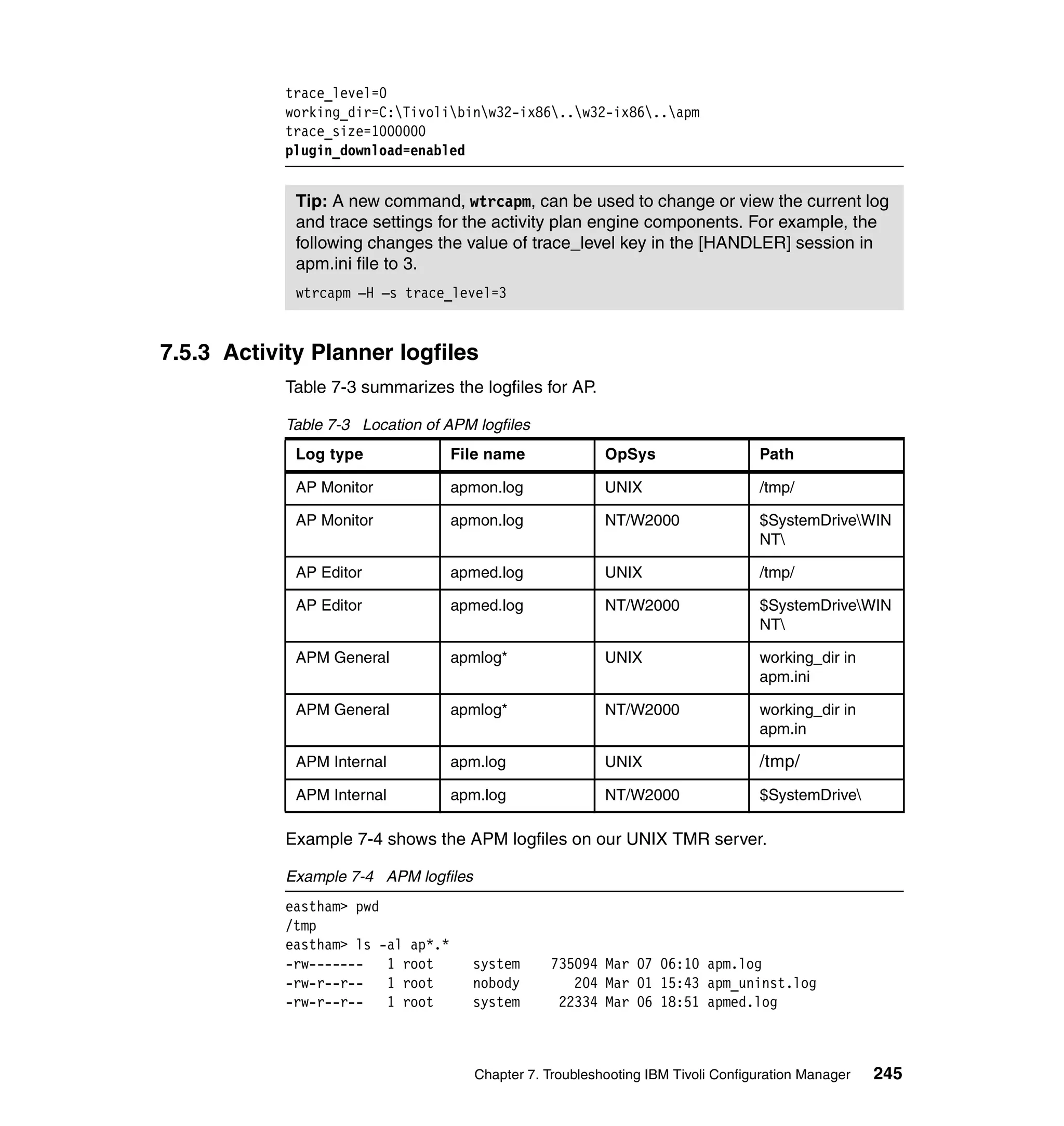 trace_level=0
            working_dir=C:Tivolibinw32-ix86..w32-ix86..apm
            trace_size=1000000
            plugin_download=enabled


             Tip: A new command, wtrcapm, can be used to change or view the current log
             and trace settings for the activity plan engine components. For example, the
             following changes the value of trace_level key in the [HANDLER] session in
             apm.ini file to 3.
             wtrcapm –H –s trace_level=3


7.5.3 Activity Planner logfiles
            Table 7-3 summarizes the logfiles for AP.

            Table 7-3 Location of APM logfiles
             Log type               File name              OpSys                   Path

             AP Monitor             apmon.log              UNIX                    /tmp/

             AP Monitor             apmon.log              NT/W2000                $SystemDriveWIN
                                                                                   NT

             AP Editor              apmed.log              UNIX                    /tmp/

             AP Editor              apmed.log              NT/W2000                $SystemDriveWIN
                                                                                   NT

             APM General            apmlog*                UNIX                    working_dir in
                                                                                   apm.ini

             APM General            apmlog*                NT/W2000                working_dir in
                                                                                   apm.in

             APM Internal           apm.log                UNIX                    /tmp/
             APM Internal           apm.log                NT/W2000                $SystemDrive

            Example 7-4 shows the APM logfiles on our UNIX TMR server.

            Example 7-4 APM logfiles
            eastham> pwd
            /tmp
            eastham> ls -al ap*.*
            -rw------- 1 root          system      735094 Mar 07 06:10 apm.log
            -rw-r--r-- 1 root          nobody         204 Mar 01 15:43 apm_uninst.log
            -rw-r--r--   1 root        system       22334 Mar 06 18:51 apmed.log



                                       Chapter 7. Troubleshooting IBM Tivoli Configuration Manager   245
 