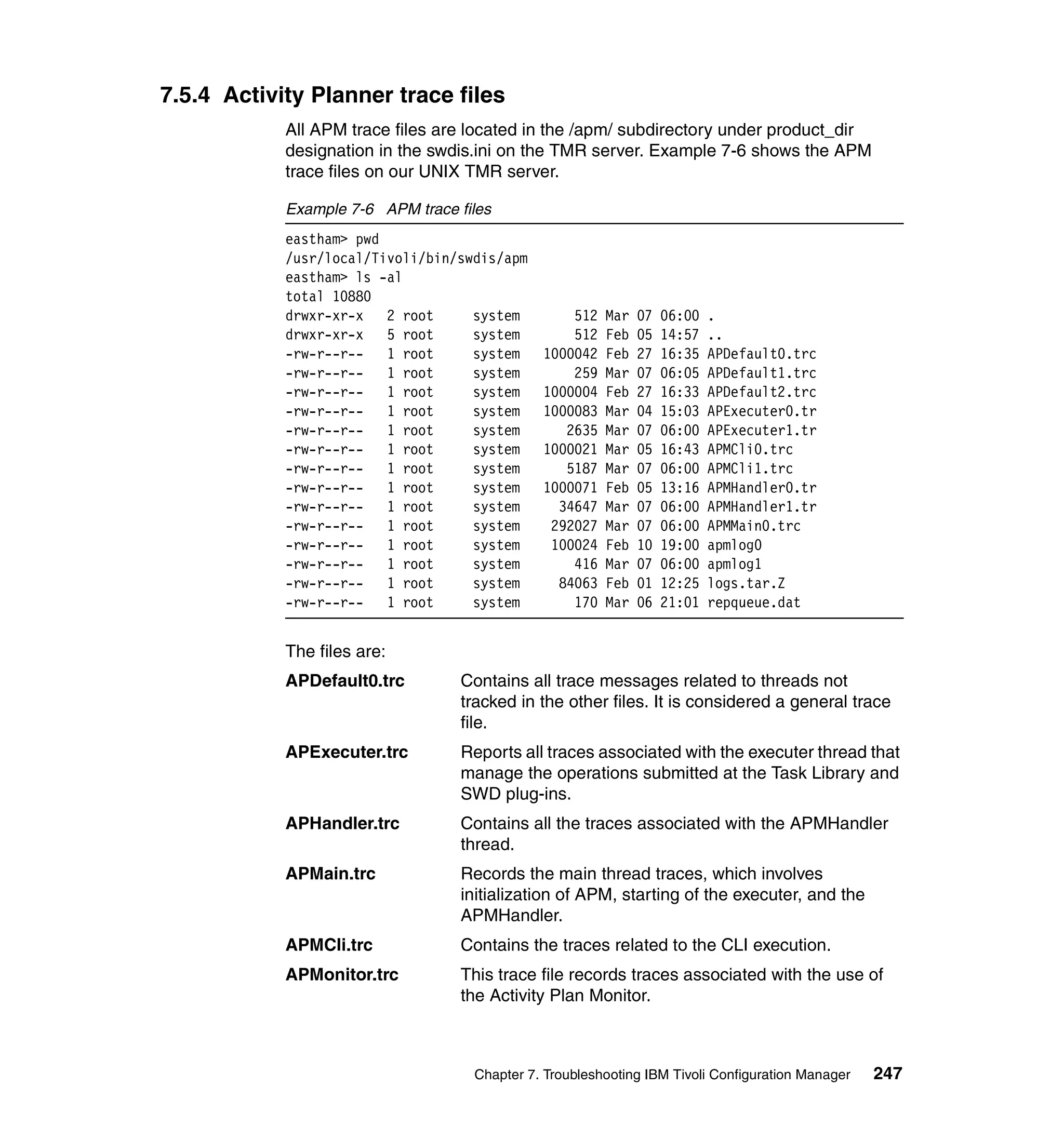 7.5.4 Activity Planner trace files
            All APM trace files are located in the /apm/ subdirectory under product_dir
            designation in the swdis.ini on the TMR server. Example 7-6 shows the APM
            trace files on our UNIX TMR server.

            Example 7-6 APM trace files
            eastham> pwd
            /usr/local/Tivoli/bin/swdis/apm
            eastham> ls -al
            total 10880
            drwxr-xr-x 2 root       system        512   Mar   07   06:00   .
            drwxr-xr-x 5 root       system        512   Feb   05   14:57   ..
            -rw-r--r--   1 root     system    1000042   Feb   27   16:35   APDefault0.trc
            -rw-r--r-- 1 root       system        259   Mar   07   06:05   APDefault1.trc
            -rw-r--r--   1 root     system    1000004   Feb   27   16:33   APDefault2.trc
            -rw-r--r--   1 root     system    1000083   Mar   04   15:03   APExecuter0.tr
            -rw-r--r-- 1 root       system       2635   Mar   07   06:00   APExecuter1.tr
            -rw-r--r--   1 root     system    1000021   Mar   05   16:43   APMCli0.trc
            -rw-r--r-- 1 root       system       5187   Mar   07   06:00   APMCli1.trc
            -rw-r--r--   1 root     system    1000071   Feb   05   13:16   APMHandler0.tr
            -rw-r--r--   1 root     system      34647   Mar   07   06:00   APMHandler1.tr
            -rw-r--r-- 1 root       system     292027   Mar   07   06:00   APMMain0.trc
            -rw-r--r-- 1 root       system     100024   Feb   10   19:00   apmlog0
            -rw-r--r-- 1 root       system        416   Mar   07   06:00   apmlog1
            -rw-r--r--   1 root     system      84063   Feb   01   12:25   logs.tar.Z
            -rw-r--r-- 1 root       system        170   Mar   06   21:01   repqueue.dat


            The files are:
            APDefault0.trc         Contains all trace messages related to threads not
                                   tracked in the other files. It is considered a general trace
                                   file.
            APExecuter.trc         Reports all traces associated with the executer thread that
                                   manage the operations submitted at the Task Library and
                                   SWD plug-ins.
            APHandler.trc          Contains all the traces associated with the APMHandler
                                   thread.
            APMain.trc             Records the main thread traces, which involves
                                   initialization of APM, starting of the executer, and the
                                   APMHandler.
            APMCli.trc             Contains the traces related to the CLI execution.
            APMonitor.trc          This trace file records traces associated with the use of
                                   the Activity Plan Monitor.



                                    Chapter 7. Troubleshooting IBM Tivoli Configuration Manager   247
 