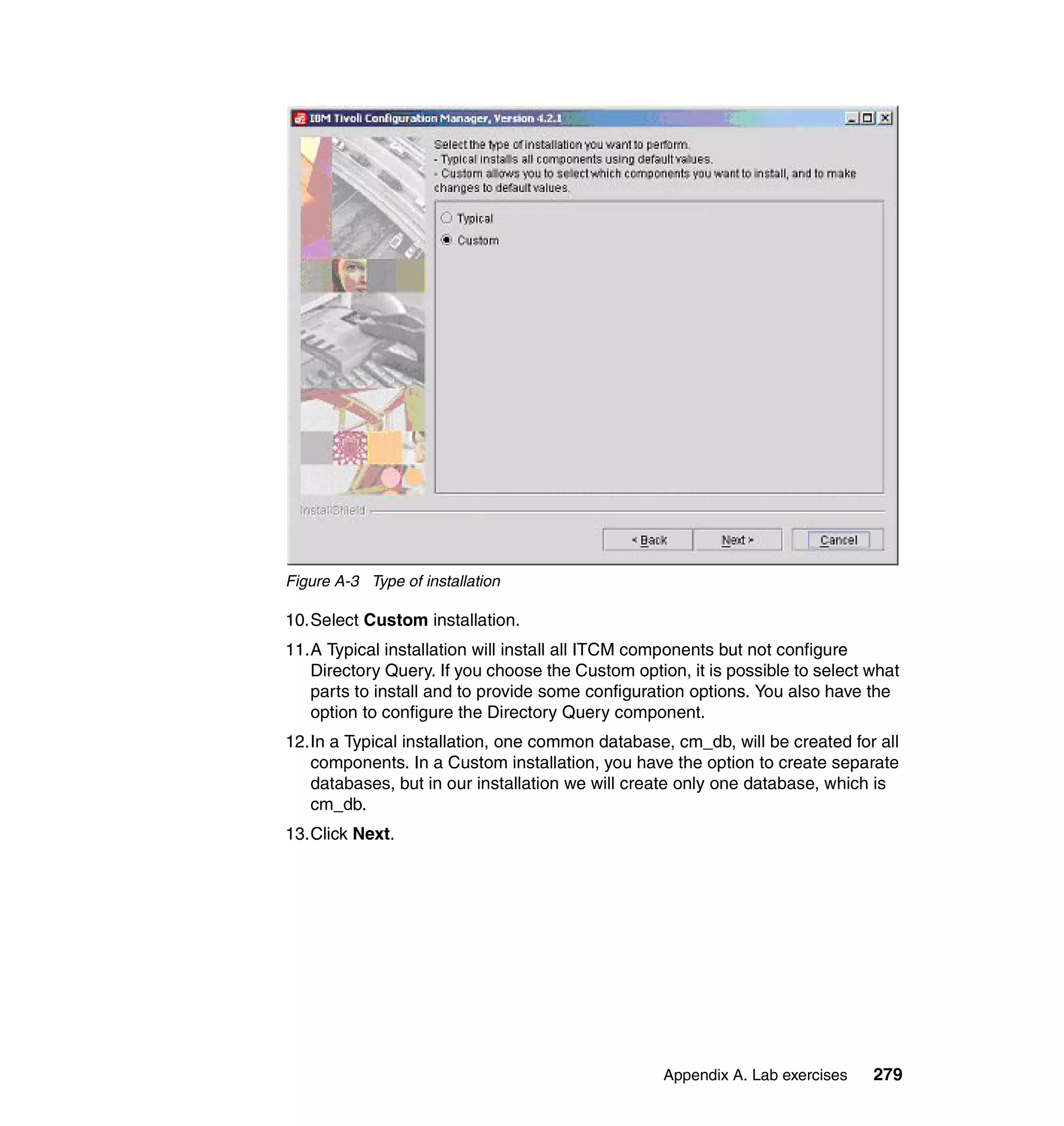 Figure A-3 Type of installation

10.Select Custom installation.
11.A Typical installation will install all ITCM components but not configure
   Directory Query. If you choose the Custom option, it is possible to select what
   parts to install and to provide some configuration options. You also have the
   option to configure the Directory Query component.
12.In a Typical installation, one common database, cm_db, will be created for all
   components. In a Custom installation, you have the option to create separate
   databases, but in our installation we will create only one database, which is
   cm_db.
13.Click Next.




                                                  Appendix A. Lab exercises   279
 
