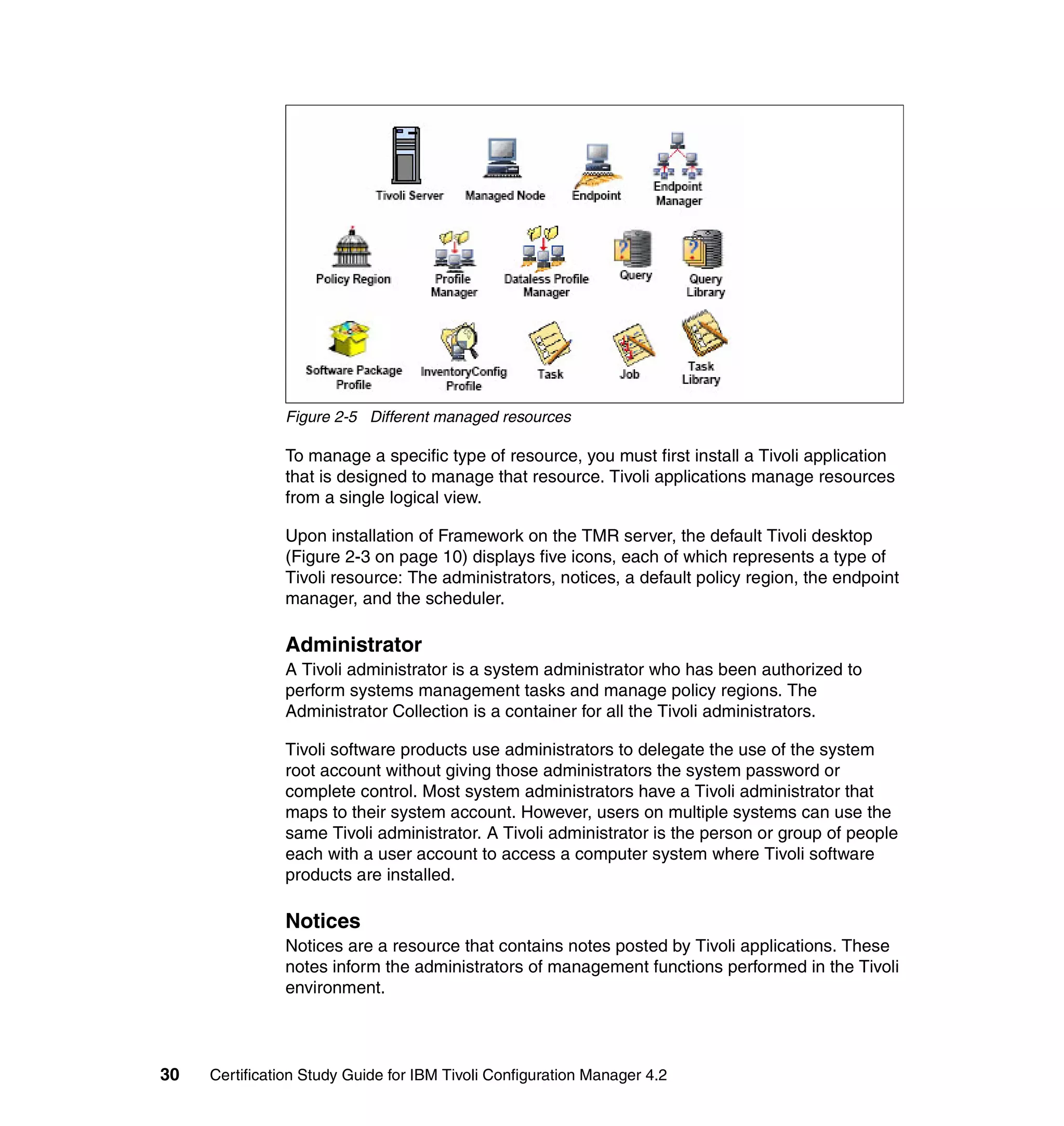 Figure 2-5 Different managed resources

               To manage a specific type of resource, you must first install a Tivoli application
               that is designed to manage that resource. Tivoli applications manage resources
               from a single logical view.

               Upon installation of Framework on the TMR server, the default Tivoli desktop
               (Figure 2-3 on page 10) displays five icons, each of which represents a type of
               Tivoli resource: The administrators, notices, a default policy region, the endpoint
               manager, and the scheduler.

               Administrator
               A Tivoli administrator is a system administrator who has been authorized to
               perform systems management tasks and manage policy regions. The
               Administrator Collection is a container for all the Tivoli administrators.

               Tivoli software products use administrators to delegate the use of the system
               root account without giving those administrators the system password or
               complete control. Most system administrators have a Tivoli administrator that
               maps to their system account. However, users on multiple systems can use the
               same Tivoli administrator. A Tivoli administrator is the person or group of people
               each with a user account to access a computer system where Tivoli software
               products are installed.

               Notices
               Notices are a resource that contains notes posted by Tivoli applications. These
               notes inform the administrators of management functions performed in the Tivoli
               environment.




30   Certification Study Guide for IBM Tivoli Configuration Manager 4.2
 