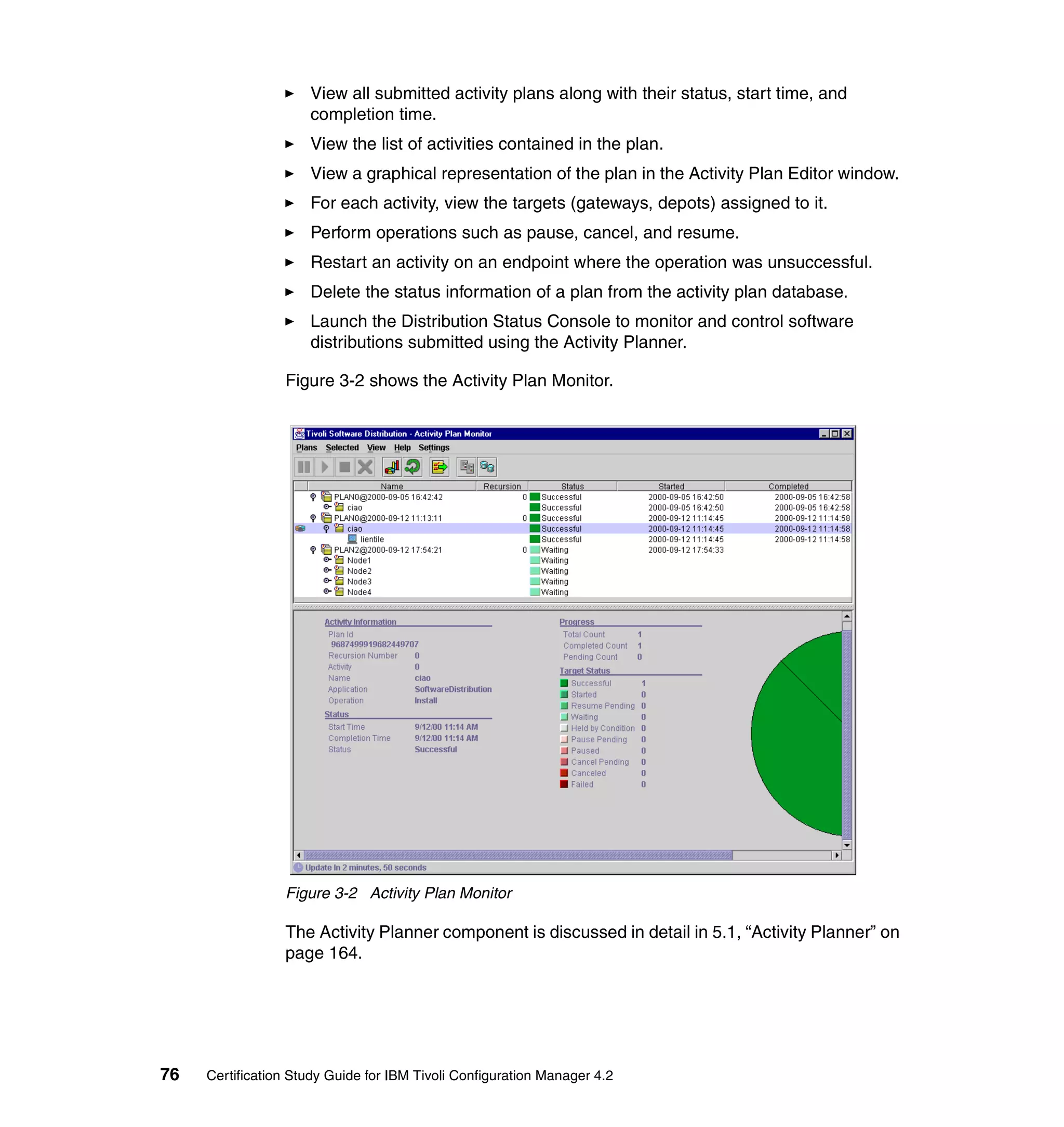View all submitted activity plans along with their status, start time, and
                     completion time.
                     View the list of activities contained in the plan.
                     View a graphical representation of the plan in the Activity Plan Editor window.
                     For each activity, view the targets (gateways, depots) assigned to it.
                     Perform operations such as pause, cancel, and resume.
                     Restart an activity on an endpoint where the operation was unsuccessful.
                     Delete the status information of a plan from the activity plan database.
                     Launch the Distribution Status Console to monitor and control software
                     distributions submitted using the Activity Planner.

                 Figure 3-2 shows the Activity Plan Monitor.




                 Figure 3-2 Activity Plan Monitor

                 The Activity Planner component is discussed in detail in 5.1, “Activity Planner” on
                 page 164.




76   Certification Study Guide for IBM Tivoli Configuration Manager 4.2
 