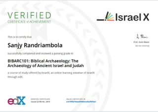 MOOC Certificate "Biblical Archaeology: The archaeology of ancient Israel and Judah"