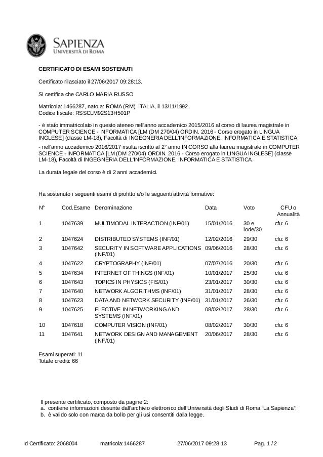 Certificato esami La Sapienza