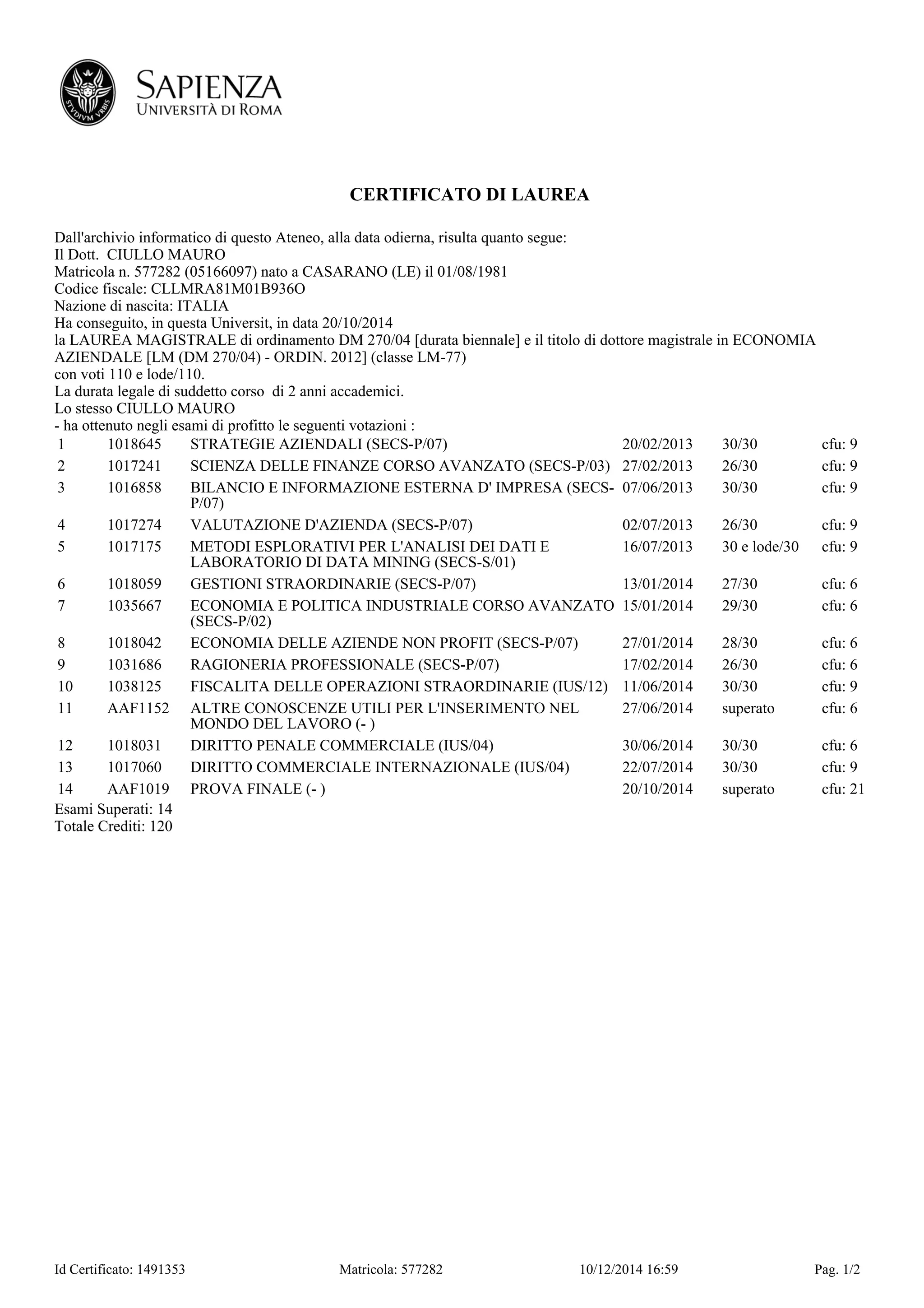 certificato di laurea la sapienza