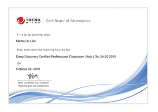 Mattia De Lillo
Deep Discovery Certified Professional Classroom | Italy | Oct 24-26 2018
October 26, 2018
 