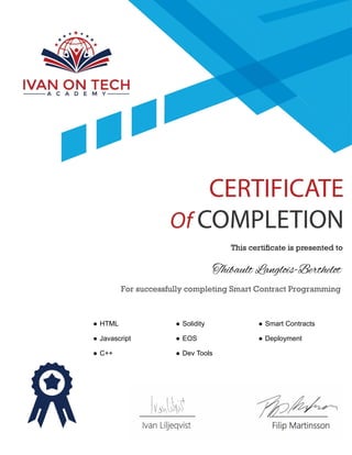Smart Contract Programming Certificate - Thibault Langlois-Berthelot | PDF