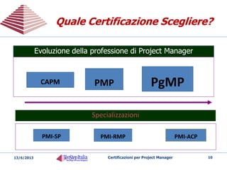 Certificazioni PMICertificazioni PMI
CAPM® (Certified Associate in Project Management)
• Conoscenza dello standard di project management PMI
• Esame a risposta multipla
• 150 domande (di cui 15 di test)
• Si supera l’esame con circa il 65% di risposte corrette
• In 180 minuti, senza libri
PMP® (Project Management Professional)
• Conoscenza dello standard di project management PMI e capacità
di applicare i processi a qualsiasi scenario, in qualsiasi settore
• 200 domande (di cui 25 di test)
• Si supera l’esame con circa il 66% di risposte corrette
• In 240 minuti, senza libri
20/05/2014 Certificazioni per Project Manager 10
 