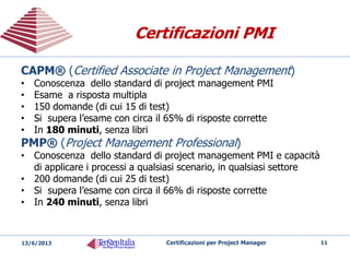 Certificazioni IPMA e AIPMCertificazioni IPMA e AIPM
20/05/2014 Certificazioni per Project Manager 11
IPMA AIPM
Level D
Certified Project Management
Associate
CPPP
Certified Practicing Project
Practitioner
Level C
Certified Project Manager
CPPM
Certified Practicing Project Manager
Level B
Certified Senior Project Manager
CSPM
Certified Senior Project Manager
Level A
Certified Projects Director
CPPD
Certified Practicing Project Director
CPPE
Certified Practicing Portfolio
Executive
 