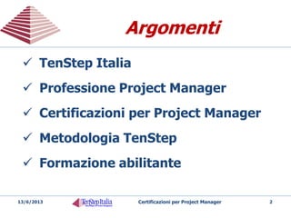 ArgomentiArgomenti
 TenStep Italia
 Professione Project Manager
 Certificazioni per Project Manager
 Metodologia TenStep
 Formazione abilitante
Certificazioni per Project Manager 2
20/05/201
4
 