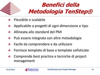 23Certificazioni per Project Manager20/05/2014
Workshop Certificazione
Project Manager TenStep (TSPM)
Comprende anche
Project Management – Prepararsi per il Successo
Consulta il sito www.tenstep.it
OpportunitàOpportunità
 
