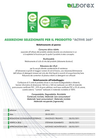 I dati della presente sono indicativi e non vincolanti, suscettibili di variazioni da parte di Eudorex Srl.
E' vietato riprodurre e/o copiare in qualsiasi modo e su qualsiasi media i contenuti di questa scheda informativa senza previa autorizzazione scritta della Eudorex srl.
ASSERZIONI SELEZIONATE PER IL PRODOTTO ”ACTIVE 360”
Relativamente al panno:
Consumo idrico ridotto
associato all’utilizzo del prodotto valutato durante una simulazione in cui
si è espletata la funzione per la quale il prodotto è stato concepito.
Riutilizzabile
Relativamente al ciclo di vita del prodotto (altamente duraturo)
Riduzione dei rifiuti
per le sue più elevate caratteristiche di resistenza
all’abrasione e quindi al maggior numero di cicli di lavoro, una riduzione/eliminazione
dell’utilizzo di detergenti immessi nel ciclo dei rifiuti liquidi in scarichi di acque bianche/nere.
Riduzione dei contenitori di plastica relativi ai detergenti non utilizzati
Relativamente all’imballaggio:
Confezione di 5 unità di prodotto chiuse in una busta biodegradabile in Mater-bi,
banner informativo di dimensione 160 mm x 160 mm realizzato con 40% di materiale
post-consumo certificato FSC , 55% di pura cellulosa, anch’essa certificata FSC e 5% di cotone,
scatola esterna “cartone” realizzato in materiale riciclabile al 100%
Compostabile, Degradabile, Riciclabile
Contenuto riciclato, Materiale "pre-consumatore"
Materiale "post-consumatore", Materiale riciclato
Materiale recuperato [rigenerato]
edizione prima
data 28.03.2011
REDAZIONE (CONSULENTE ESTERNO) VINCENZO TRIUNFO 28/03/2011
VERIFICA (RQ) STEFANIA SGAMBATO 28/03/2011
APPROVAZIONE (DIR) ALFONSO MONTEFUSCO 28/03/2011
ISOEUDOREX
ISOEUDOREX
CERTIFICAZIONE DI
RISPARMIO
DI ACQUA, CHIMICI E
RIDUZIONE DEI
MATERIALI DI
SCARTO
NELL’UTILIZZO
QUOTIDIANO DEL
PRODOTTO.
 