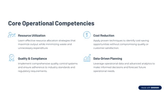 Core Operational Competencies
Resource Utilization
Learn effective resource allocation strategies that
maximize output while minimizing waste and
unnecessary expenditure.
Cost Reduction
Apply proven techniques to identify cost-saving
opportunities without compromising quality or
customer satisfaction.
Quality & Compliance
Implement comprehensive quality control systems
and ensure adherence to industry standards and
regulatory requirements.
Data-Driven Planning
Leverage operational data and advanced analytics to
make informed decisions and forecast future
operational needs.
 