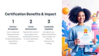 Certification Benefits & Impact
1
Industry
Recognition
Earn a credential
respected across
industries and
recognized by leading
organizations
worldwide
2
Career
Advancement
Significantly enhance
job prospects and
accelerate promotions
to senior leadership
positions
3
Leadership
Capability
Strengthen your
ability to lead teams,
drive change, and
influence
organizational
strategy
 