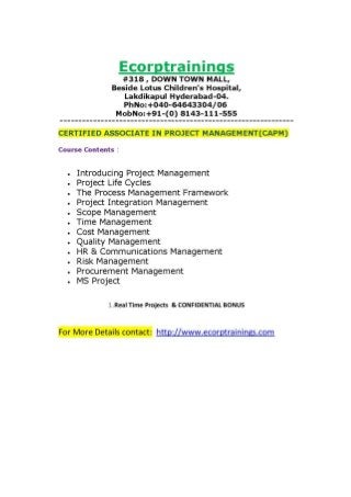 CERTIFIED ASSOCIATE IN PROJECT MANAGEMENT(CAPM) Training in Hyderabad India Ecorp Institute