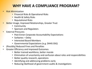 WHY HAVE A COMPLIANCE PROGRAM?
• Risk Minimization
• Financial Risks & Operational Risks
• Health & Safety Risks
• Reputat...
