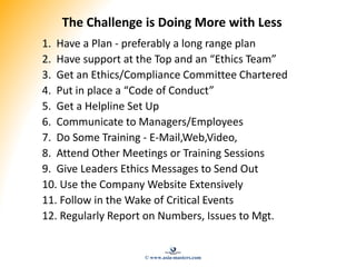 The Challenge is Doing More with Less
1. Have a Plan - preferably a long range plan
2. Have support at the Top and an “Eth...
