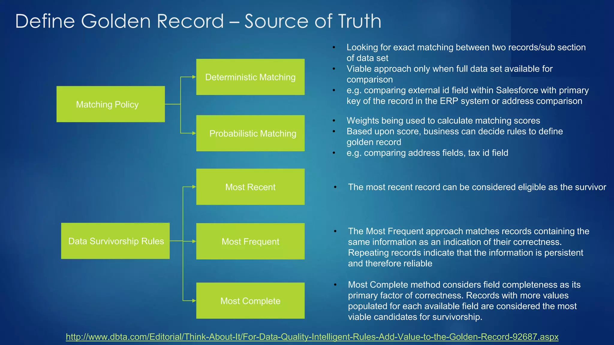 Define Golden Record – Source of Truth
Matching Policy
Data Survivorship Rules
Deterministic Matching
Probabilistic Matching
• Looking for exact matching between two records/sub section
of data set
• Viable approach only when full data set available for
comparison
• e.g. comparing external id field within Salesforce with primary
key of the record in the ERP system or address comparison
• Weights being used to calculate matching scores
• Based upon score, business can decide rules to define
golden record
• e.g. comparing address fields, tax id field
Most Recent
Most Frequent
Most Complete
• The most recent record can be considered eligible as the survivor
• The Most Frequent approach matches records containing the
same information as an indication of their correctness.
Repeating records indicate that the information is persistent
and therefore reliable
• Most Complete method considers field completeness as its
primary factor of correctness. Records with more values
populated for each available field are considered the most
viable candidates for survivorship.
http://www.dbta.com/Editorial/Think-About-It/For-Data-Quality-Intelligent-Rules-Add-Value-to-the-Golden-Record-92687.aspx
 