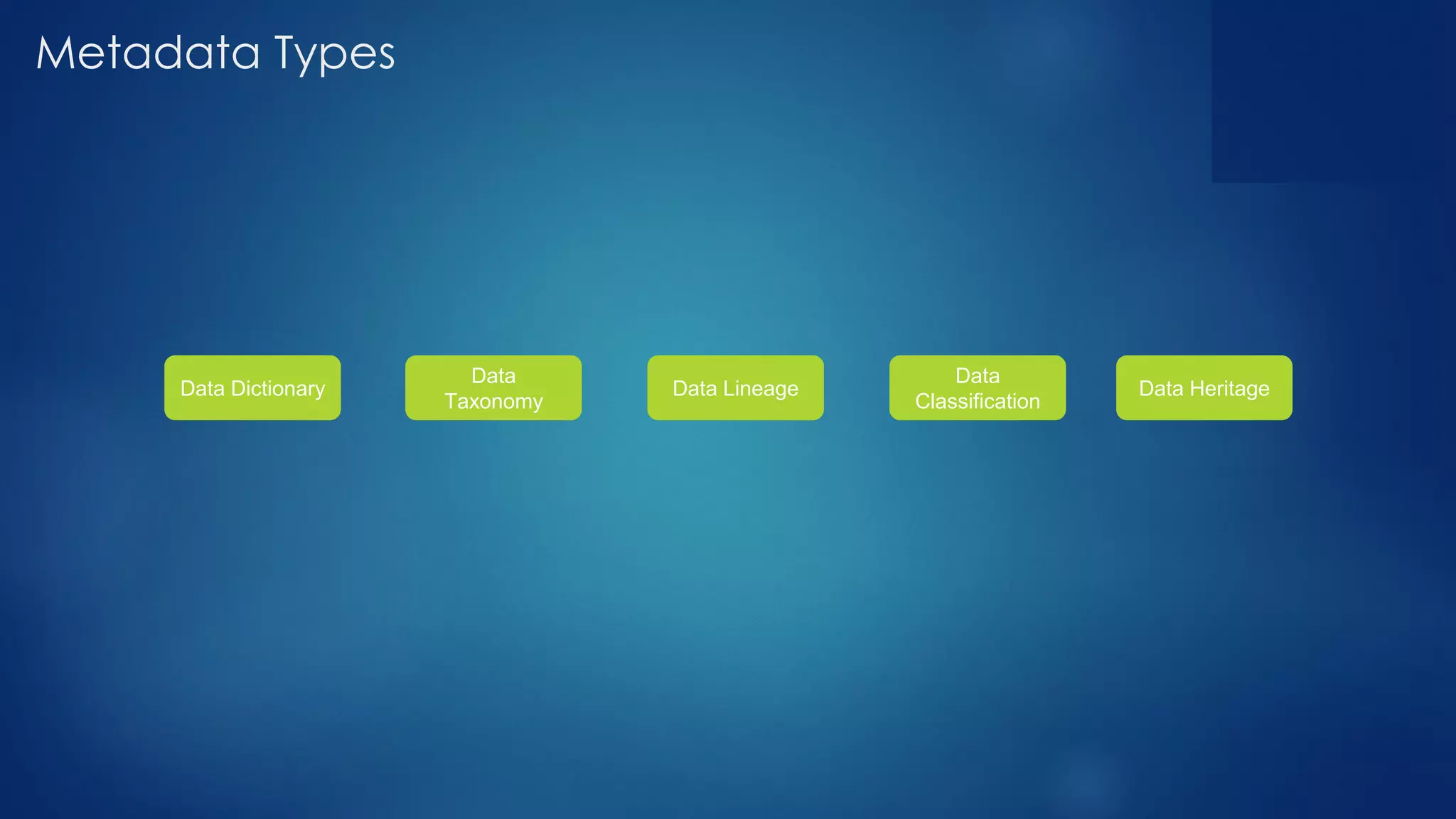 Metadata Types
Data Dictionary
Data
Taxonomy
Data Lineage
Data
Classification
Data Heritage
 