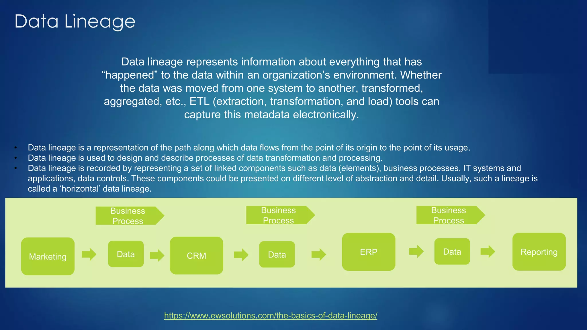 Data Lineage
Data lineage represents information about everything that has
“happened” to the data within an organization’s environment. Whether
the data was moved from one system to another, transformed,
aggregated, etc., ETL (extraction, transformation, and load) tools can
capture this metadata electronically.
• Data lineage is a representation of the path along which data flows from the point of its origin to the point of its usage.
• Data lineage is used to design and describe processes of data transformation and processing.
• Data lineage is recorded by representing a set of linked components such as data (elements), business processes, IT systems and
applications, data controls. These components could be presented on different level of abstraction and detail. Usually, such a lineage is
called a ‘horizontal’ data lineage.
https://www.ewsolutions.com/the-basics-of-data-lineage/
Business
Process
Business
Process
Business
Process
Data DataDataCRM ERP
Marketing
Reporting
 