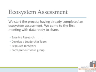 We start the process having already completed an
ecosystem assessment. We come to the first
meeting with data ready to share.
◦ Baseline Research
◦ Develop a Leadership Team
◦ Resource Directory
◦ Entrepreneur focus group
 