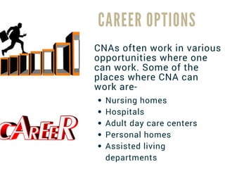 CNAs often work in various
opportunities where one
can work. Some of the
places where CNA can
work are-
C A R E E R O P T I O N S
Nursing homes
Hospitals
Adult day care centers
Personal homes
Assisted living
departments
 