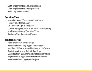 • SVM implémentation Classification
• SVM implémentation Régression
• SVM Cap stone Project
Decision Tree
• Introduction to Tree based methods
• History and terminology
• Understanding Gini impurity
• Constructing Decision Tree with Gini impurity
• Implementation of Decision Tree
• Decision Tree Capstone Project
Random Forest
• Random Forest Introduction
• Random Forest Key Hyper parameters
• Number of Features and Estimators in Subset
• Bootstrapping and Out-of-Bag Error
• Classification using random forest on Python
• Regression using Radom forest on Python
• Random Forest Capstone Project
 