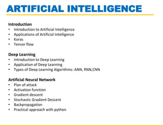 ARTIFICIAL INTELLIGENCE
Introduction
• Introduction to Artificial Intelligence
• Applications of Artificial Intelligence
• Koras
• Tensor flow
Deep Learning
• Introduction to Deep Learning
• Application of Deep Learning
• Types of Deep Learning Algorithms: ANN, RNN,CNN
Artificial Neural Network
• Plan of attack
• Activation function
• Gradient descent
• Stochastic Gradient Descent
• Backpropagation
• Practical approach with python
 