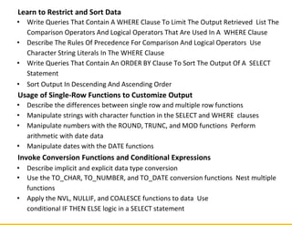 Learn to Restrict and Sort Data
• Write Queries That Contain A WHERE Clause To Limit The Output Retrieved List The
Comparison Operators And Logical Operators That Are Used In A WHERE Clause
• Describe The Rules Of Precedence For Comparison And Logical Operators Use
Character String Literals In The WHERE Clause
• Write Queries That Contain An ORDER BY Clause To Sort The Output Of A SELECT
Statement
• Sort Output In Descending And Ascending Order
Usage of Single-Row Functions to Customize Output
• Describe the differences between single row and multiple row functions
• Manipulate strings with character function in the SELECT and WHERE clauses
• Manipulate numbers with the ROUND, TRUNC, and MOD functions Perform
arithmetic with date data
• Manipulate dates with the DATE functions
Invoke Conversion Functions and Conditional Expressions
• Describe implicit and explicit data type conversion
• Use the TO_CHAR, TO_NUMBER, and TO_DATE conversion functions Nest multiple
functions
• Apply the NVL, NULLIF, and COALESCE functions to data Use
conditional IF THEN ELSE logic in a SELECT statement
 