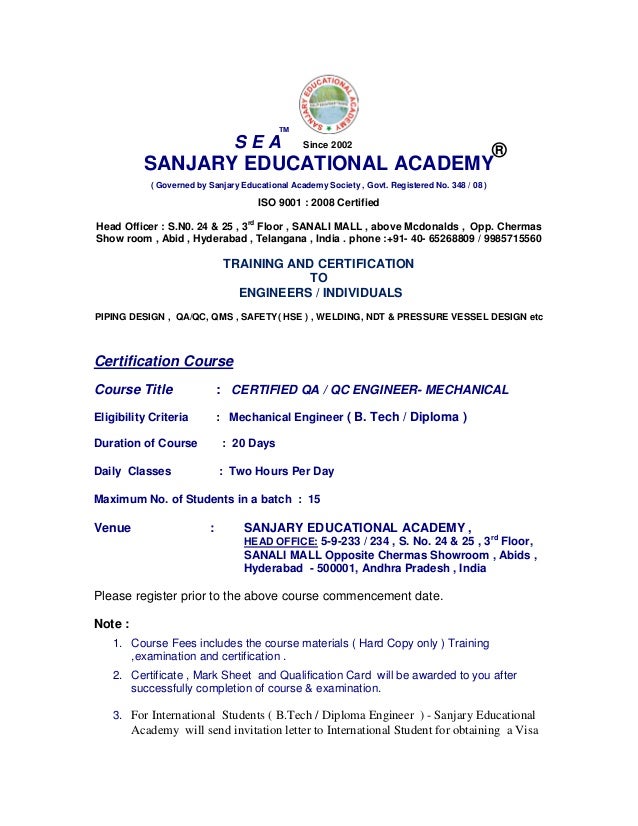 certified qa qc mechanical engineer sanjary educational academy governed by sanjary educational academy society govt
