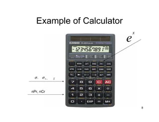 Example of Calculator
                              x
                          e

 σ   x   σx   n−1   X




nPr, nCr



                                  8
 