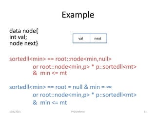 Example
data node{
int val;
node next}
sortedll<min> == root::node<min,null>
or root::node<min,p> * p::sortedll<mt>
& min <= mt
sortedll<min> == root = null & min = ∞
or root::node<min,p> * p::sortedll<mt>
& min <= mt
val next
10/6/2015 PhD Defense 11
 
