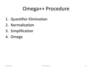 Omega++ Procedure
1. Quantifier Elimination
2. Normalization
3. Simplification
4. Omega
10/6/2015 PhD Defense 14
 