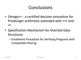 Conclusions
• Omega++ - a certified decision procedure for
Presburger arithmetic extended with +∞ and -
∞
• Specification Mechanism for Overlaid Data
Structures
– Entailment Procedure for Verifying Programs with
Compatible Sharing
10/6/2015 PhD Defense 41
 
