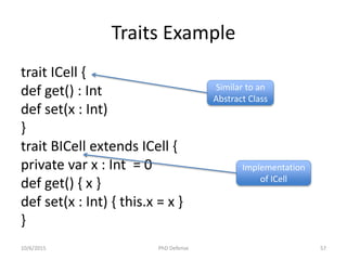 Traits Example
trait ICell {
def get() : Int
def set(x : Int)
}
trait BICell extends ICell {
private var x : Int = 0
def get() { x }
def set(x : Int) { this.x = x }
}
Similar to an
Abstract Class
Implementation
of ICell
10/6/2015 PhD Defense 57
 