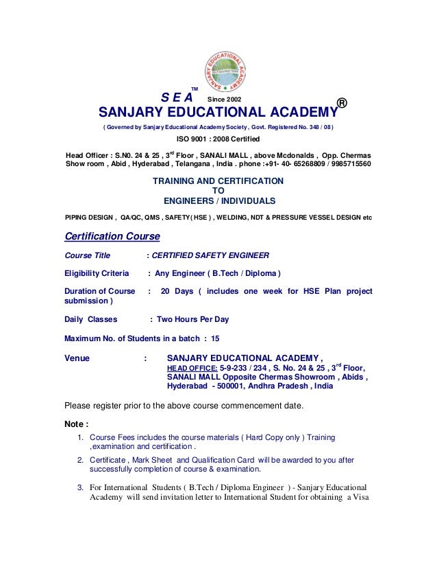 Certified safety engineer Course