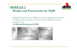 MODULE 2
Models and Frameworks for TQM
Models and frameworks for TQM is an essential supporting structure of
a building, vehicle, or object or a basic structure underlying a system,
concept, or text.
2.1. Historical Development of TQM
 