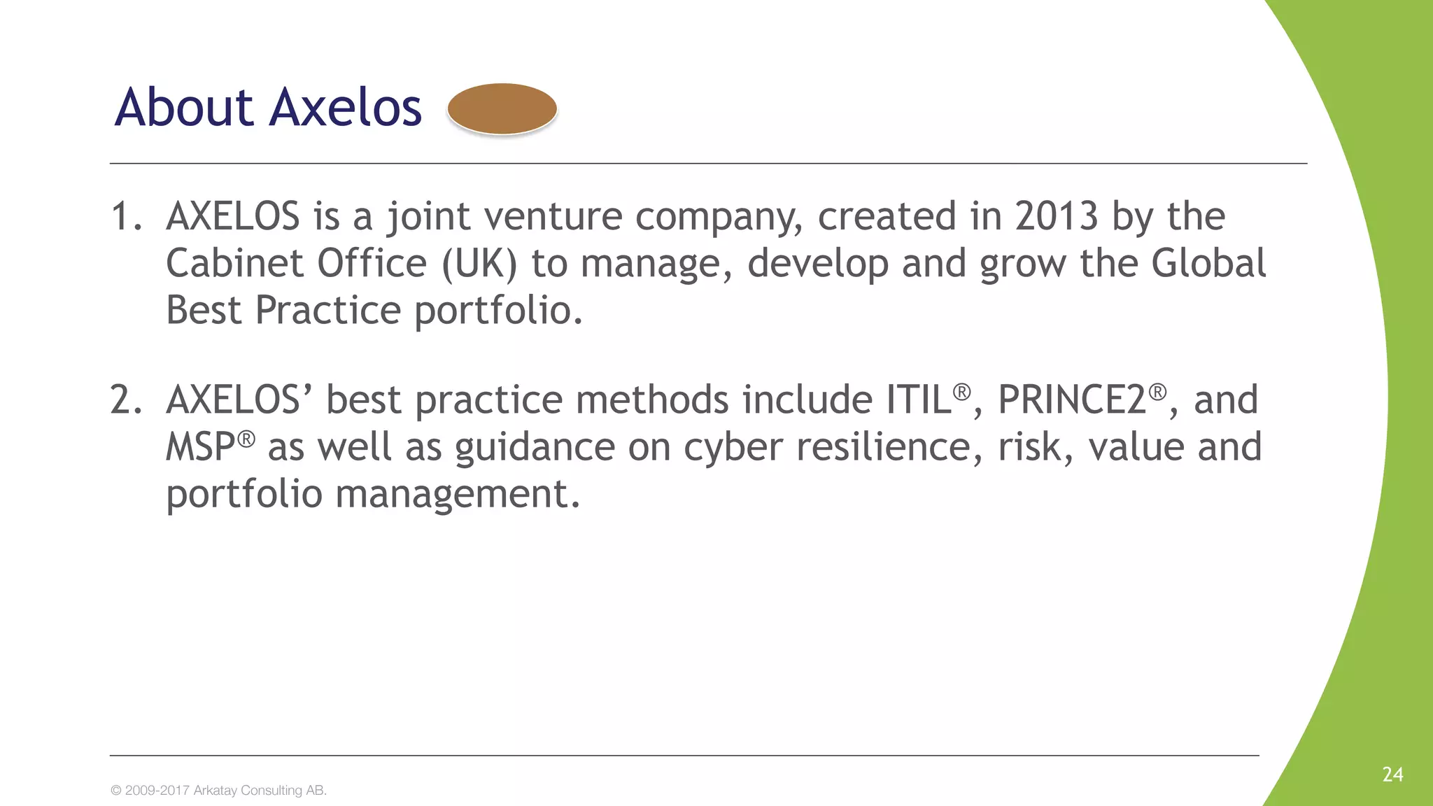 © 2009-2017 Arkatay Consulting AB.
About Axelos
1. AXELOS is a joint venture company, created in 2013 by the
Cabinet Office (UK) to manage, develop and grow the Global
Best Practice portfolio.
2. AXELOS’ best practice methods include ITIL®, PRINCE2®, and
MSP® as well as guidance on cyber resilience, risk, value and
portfolio management.
24
 