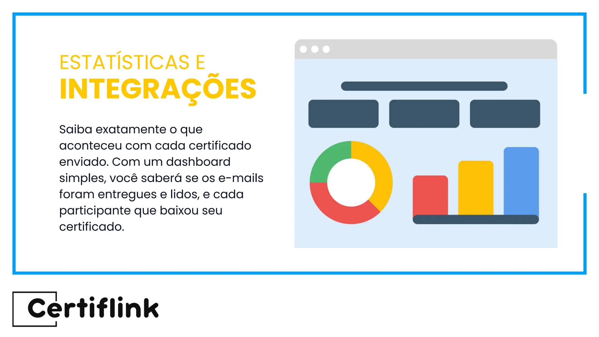 Saiba exatamente o que
aconteceu com cada certificado
enviado. Com um dashboard
simples, você saberá se os e-mails
foram entregues e lidos, e cada
participante que baixou seu
certificado.
ESTATÍSTICAS E
INTEGRAÇÕES
 